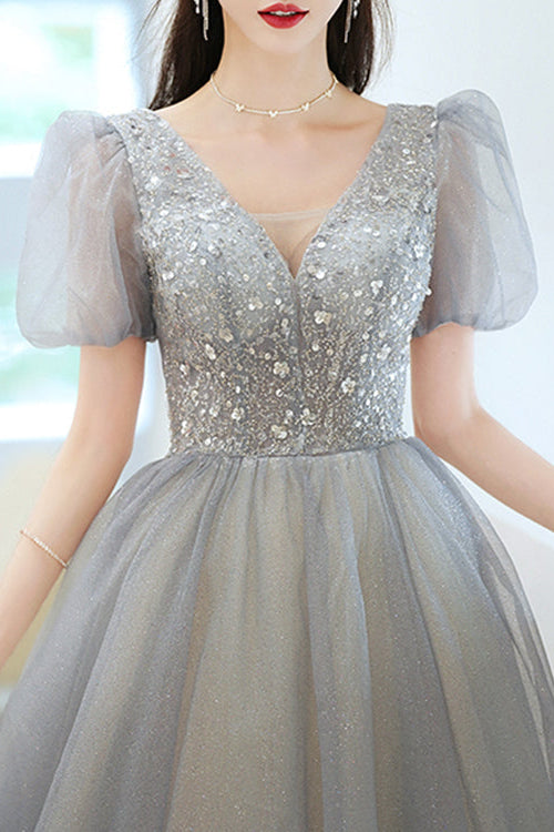 Elegant Grey V-Neck Long Evening Dress With Short Sleeves Sequins