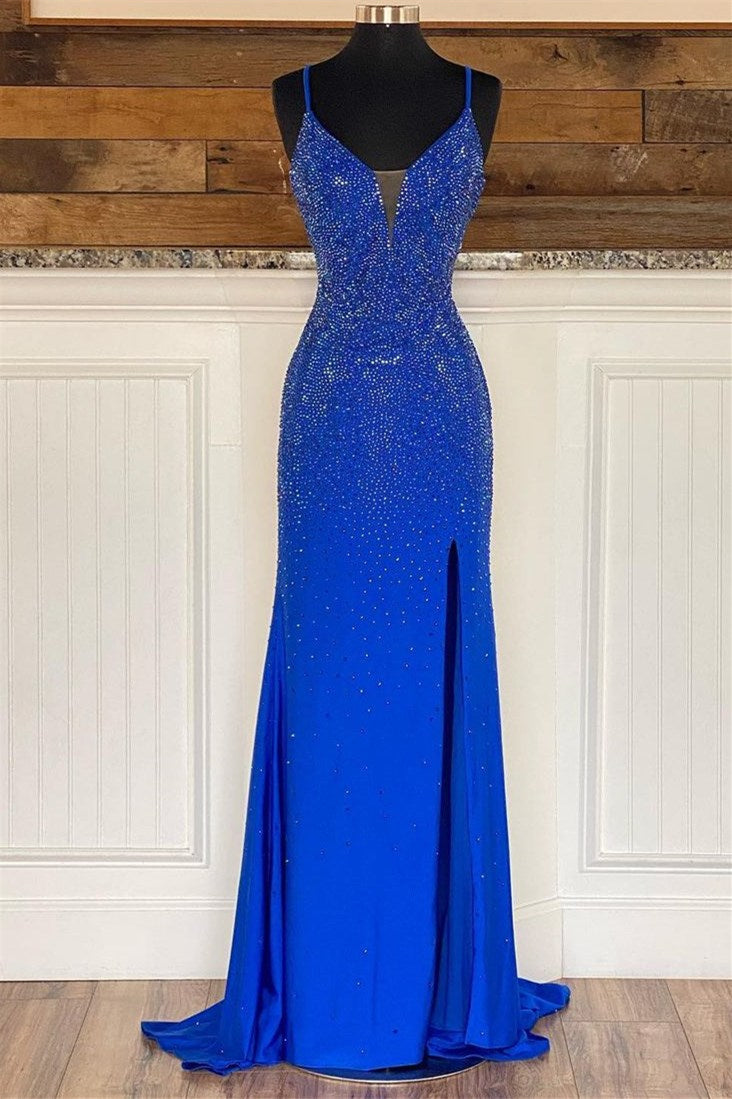 Royal Blue V Neck Mermaid Evening Dress With Appliques Split