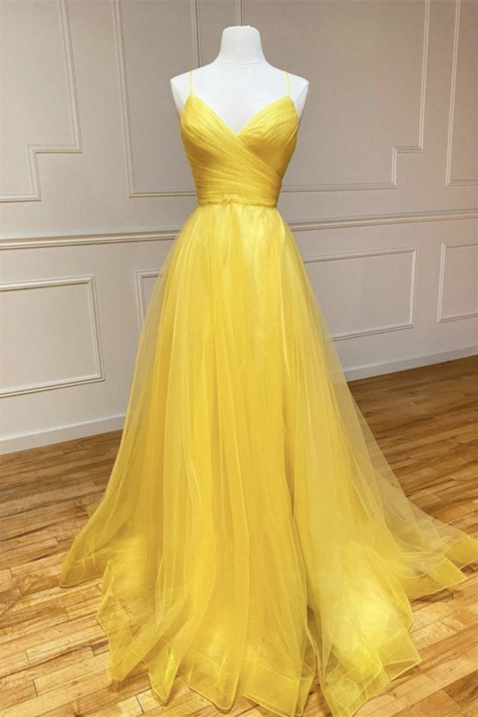 Amazing Yellow Spaghetti-Straps Prom Dress with String Back