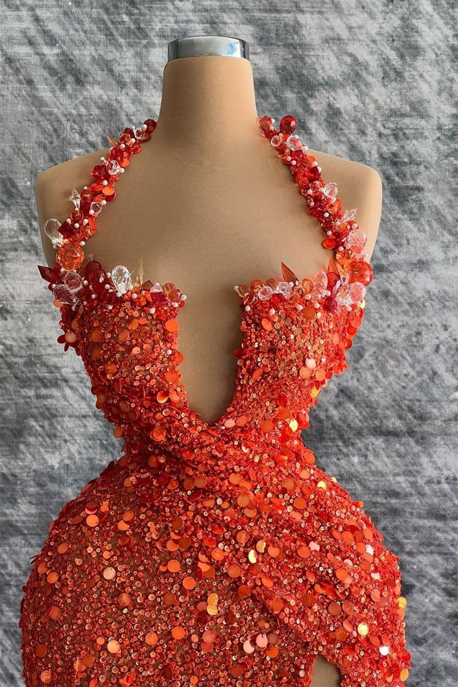 Red Halter Deep V-Neck Mermaid Evening Dress with Rhinestone Slit