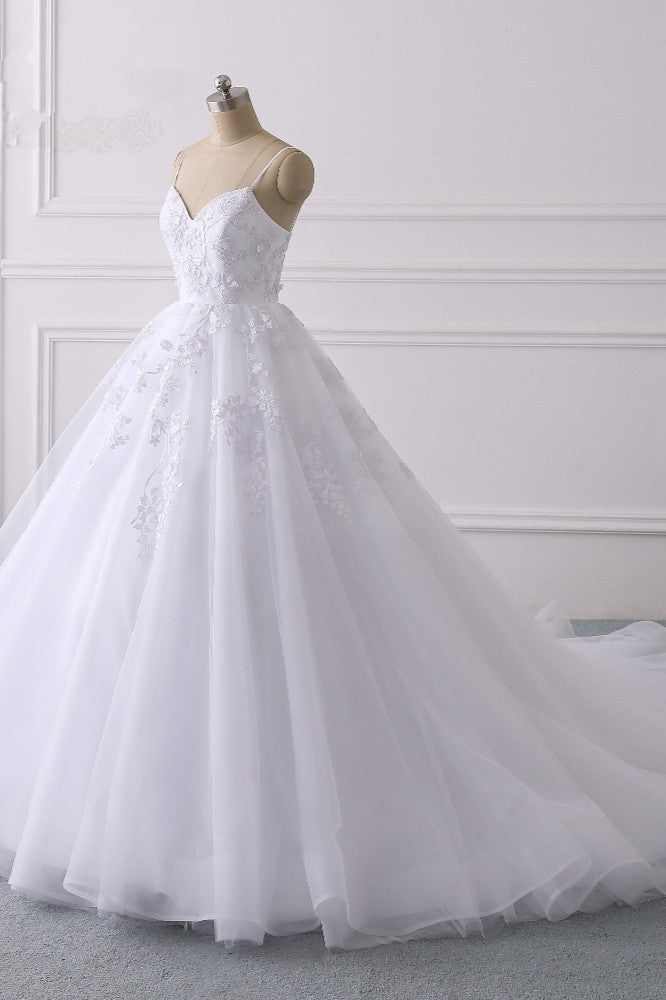 Glamorous Spaghetti-Straps V-Neck Tulle Wedding Dress with Appliques Lace