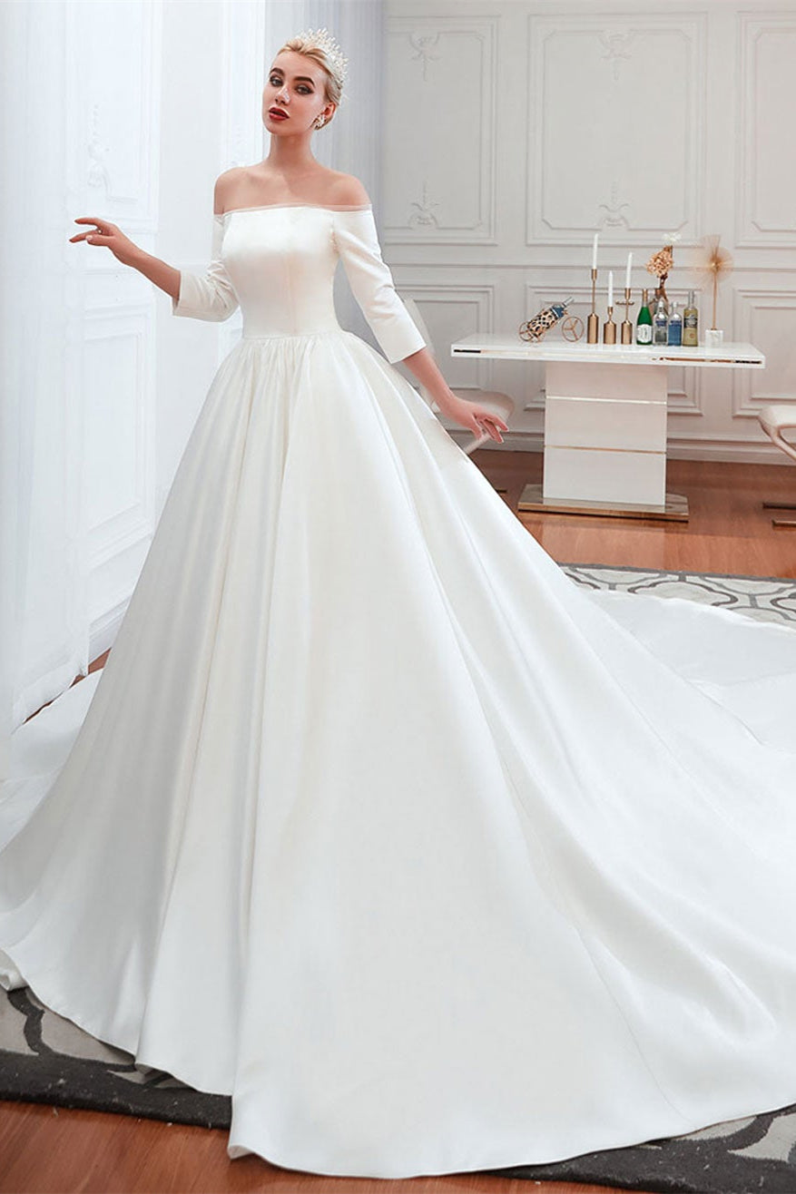 Half-Sleeves Satin Off-the-Shoulder Wedding Dress