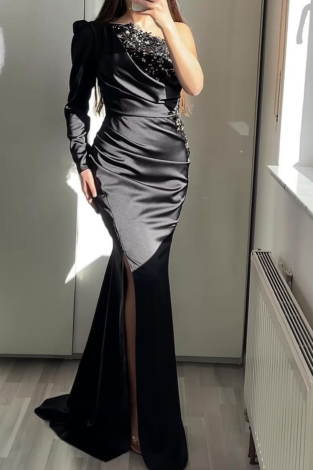 Elegant One Shoulder Long Sleeve Evening Dress With Beadings