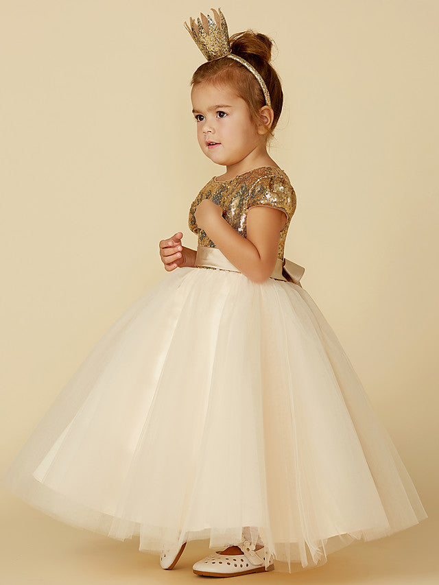 Princess Short Sleeve Jewel Neck Flower Girl Dress with Tulle Sequined Sash & Ribbon Sequin