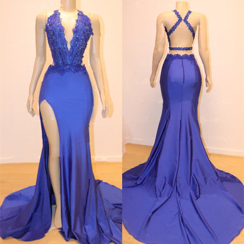 Mermaid Halter Blue Long Prom Dress with Lace Appliques