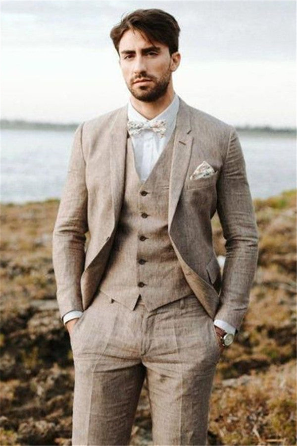 2020 Groom Wedding Tuxedos with 3 Pieces | Khaki Linen Summer Beach Mens Classic Suits