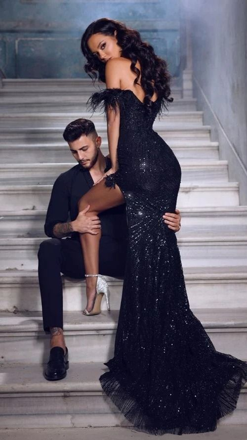 Shiny Sequins Off The Shoulder Slit Prom Dress with Feathers