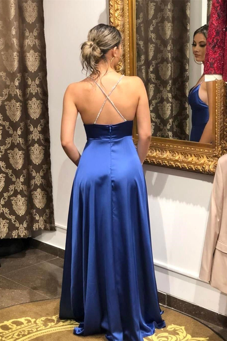 Long Royal Blue Split Prom Dress with Spaghetti-Straps