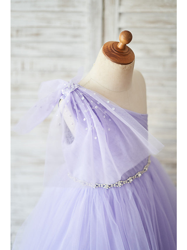 Sleeveless One Shoulder Ball Gown Flower Girl Dress With Belt Bow & Tulle