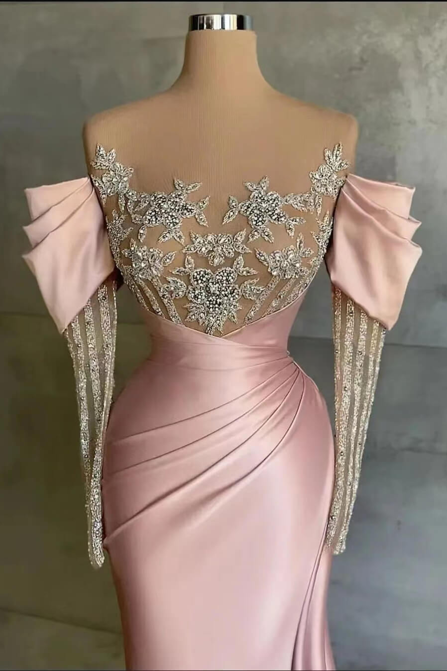 Mermaid Prom Dress with Beadings and Appliques - Off-The-Shoulder Pink Front Split Long Sleeves