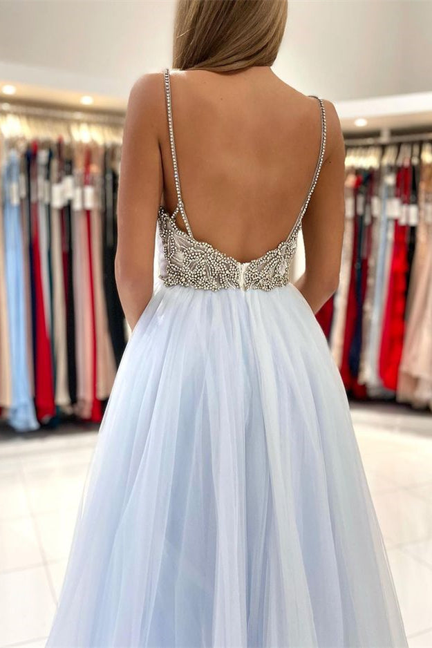 Sky Blue Tulle Prom Dress With Beads and Spaghetti-Straps