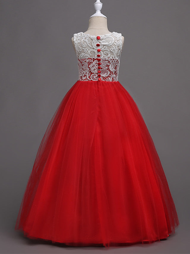 Elegant Lace Satin Tulle Long Length Sleeveless Jewel Neck Flower Girl Dress