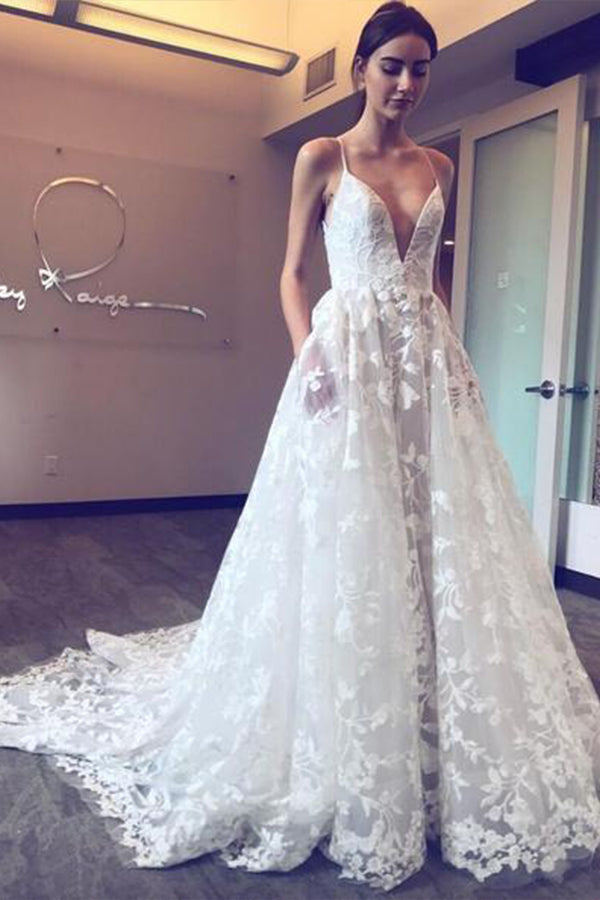 A-line V-Neck Boho Wedding Dress with Spaghetti-Straps and Appliques