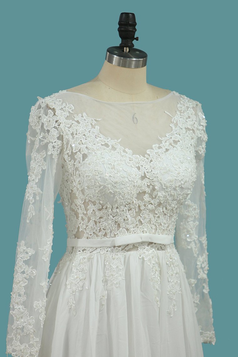Long Sleeves Chiffon A-Line Floor-length Wedding Dress with Ruffles