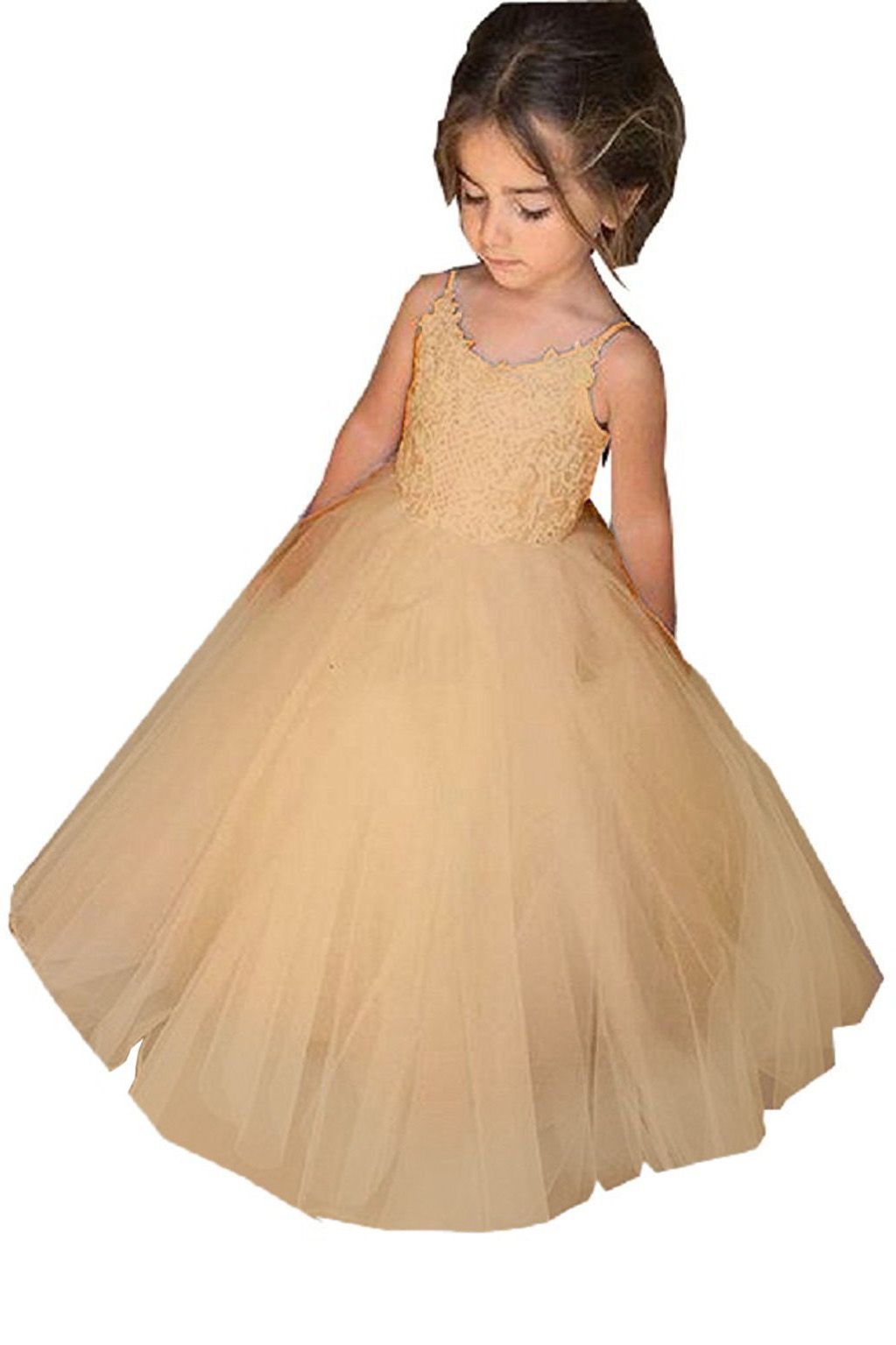 Lace-Embellished Square Neckline Sleeveless Ball Gown Flower Girl Dress