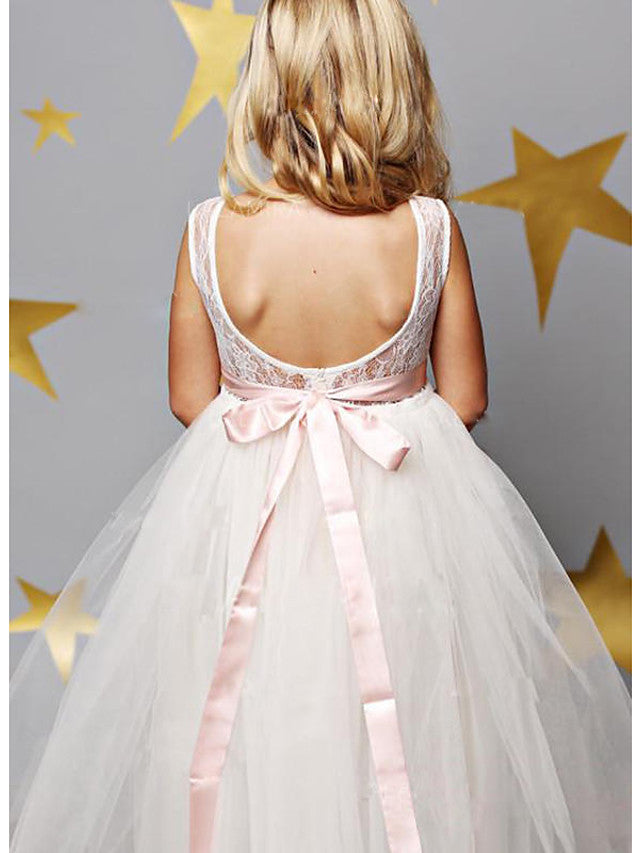 Sleeveless Illusion Neck A-Line Flower Girl Dress Lace Satin Tulle With Solid