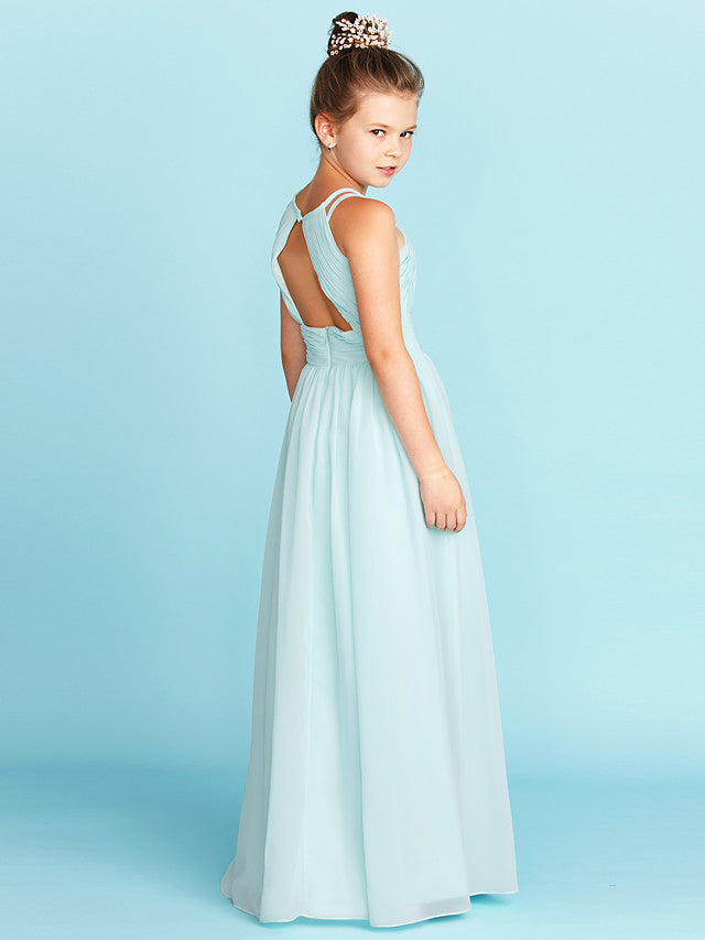 Princess A-Line Jewel Neck Floor Length Chiffon Flower Girl Dress with Ruched Side-Draped Wedding Party Open Back