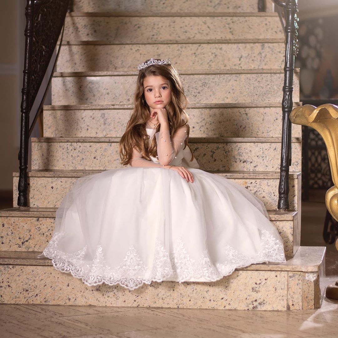 A-line Bateau Long Sleeve Flower Girl Dress with Tulle Appliques and Pearls