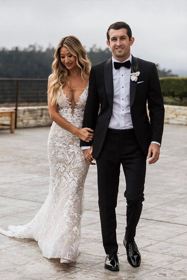 Lace V-Neck Mermaid Wedding Dress with Spaghetti Straps and Jewels