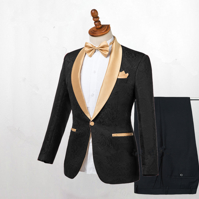 Chic Black Jacquard Tuxedo Wedding Suit with Gold Shawl Lapel