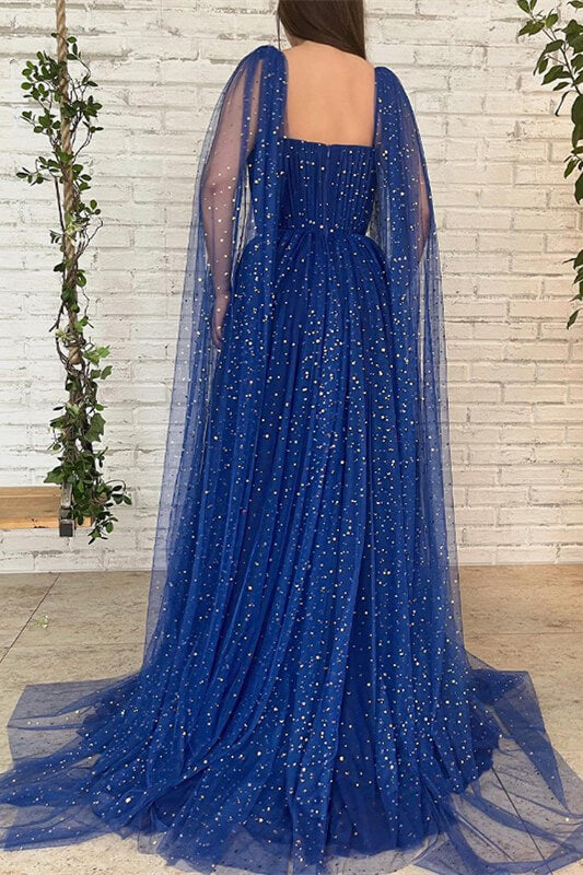 Elegant Royal Blue Tulle Long Evening Dress with Beads and Ruffles