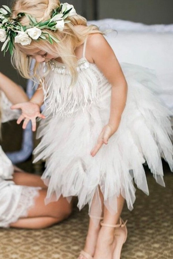 Cute A-line Spaghetti Straps Flower Girl Dress with Feathers