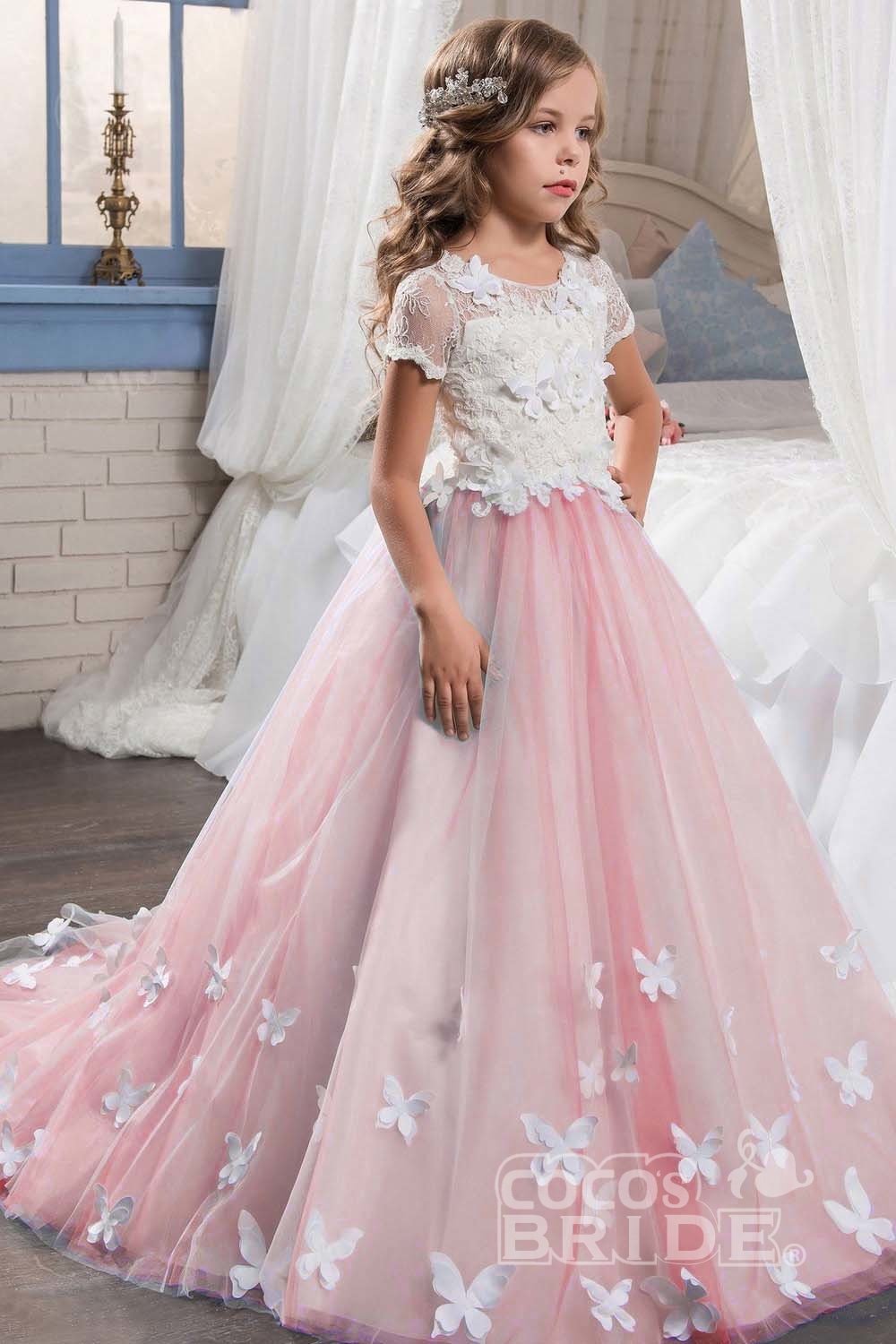 Elegant Pink Ball Gown with Short Sleeves and Lace Buttons for Girls