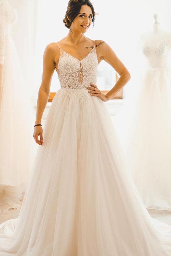 Modest A-line Spaghetti Straps Wedding Dress with Tulle