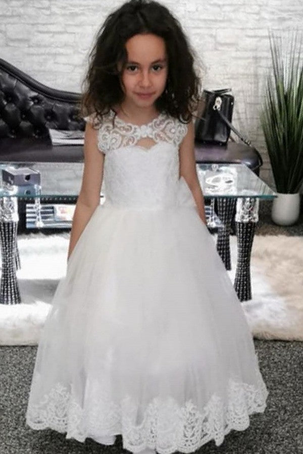 A-line Bateau Jewel Lace Flower Girl Dress with Pearls and Appliques