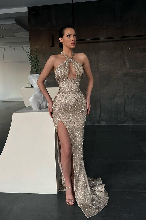 Sequins Mermaid Evening Dress With Split - Sleeveless Halter Long