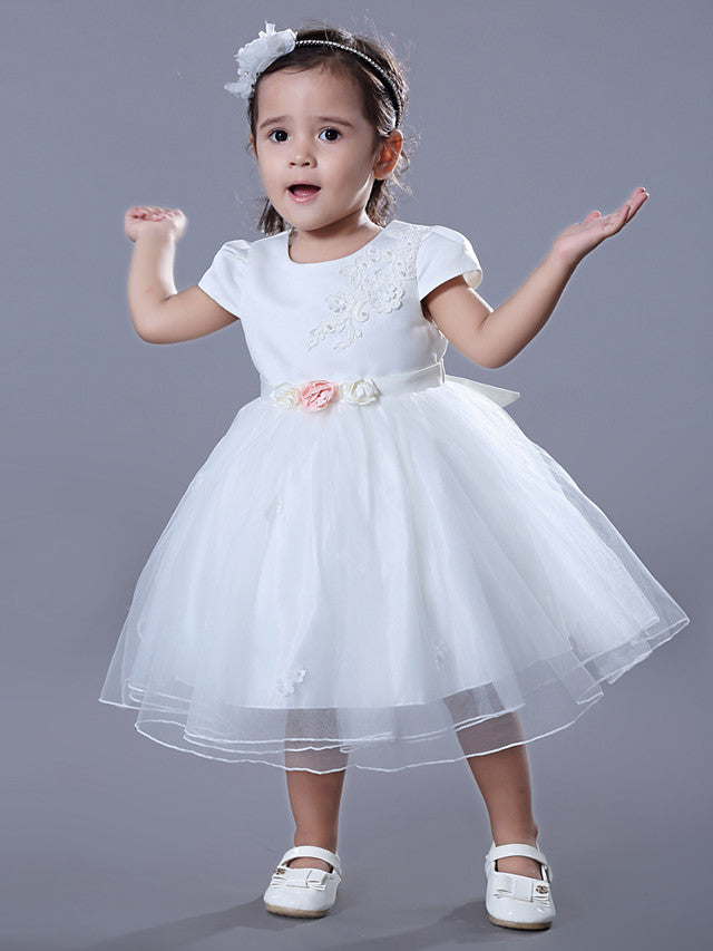 Short Sleeve Jewel Ball Gown Flower Girl Dress Satin Tulle With Beadings Embroidery