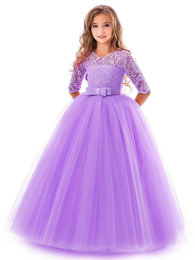 Half Sleeve Jewel Long Length Flower Girl Dress with Lace Tulle and Lace Belt Bow