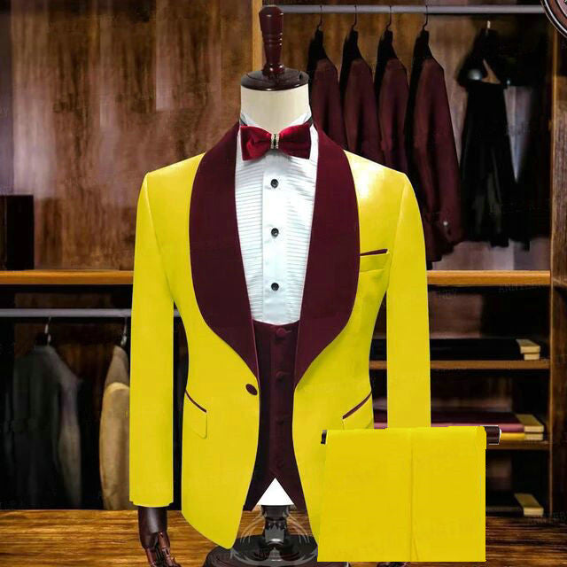 Pedro Yellow One Button Groom Suit with Velvet Lapel