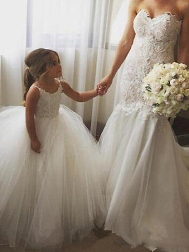 Sleeveless JewelPrincess Long Length Flower Girl Dress with Lace Appliques and Tulle