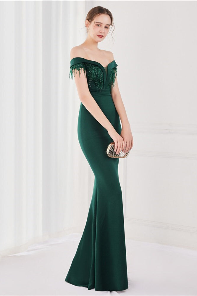 Dark Green V-Neck Mermaid Evening Dress with Appliques and Tassel