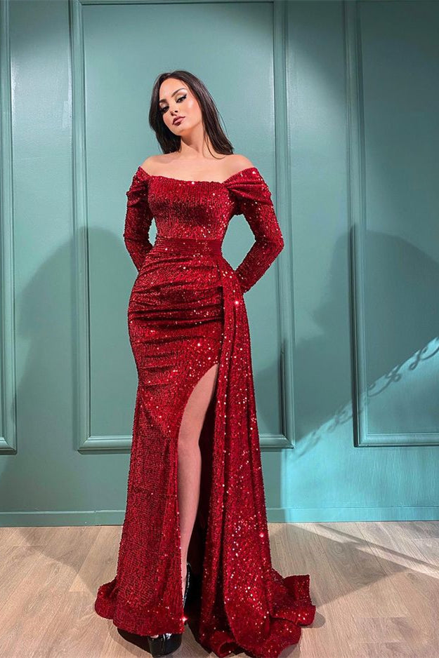 Mermaid Split Prom Dress in Burgundy with Detachable Ruffles