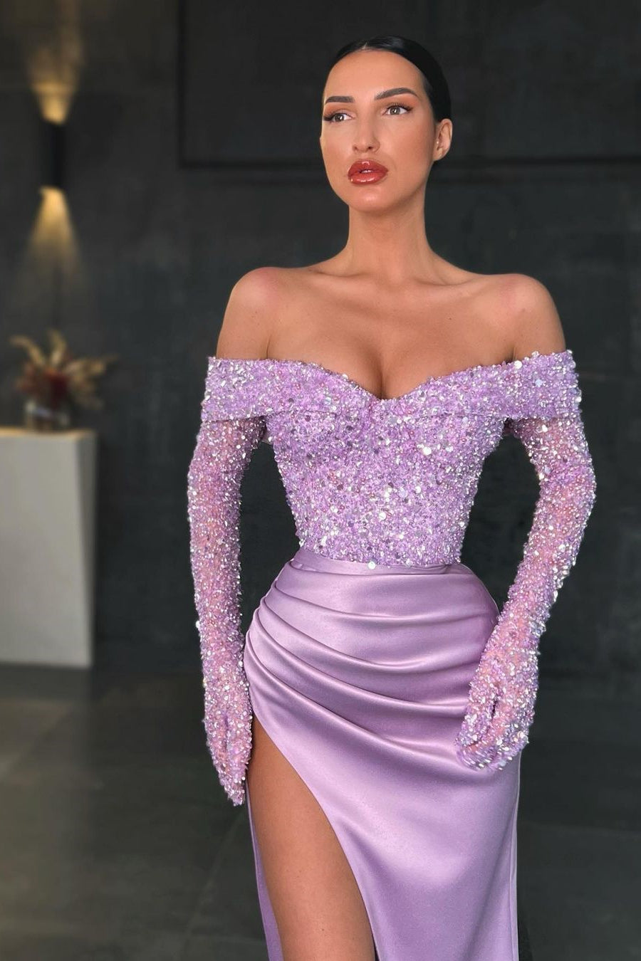 Sequins Prom Dress with Slit - Mermaid Long Sleeves