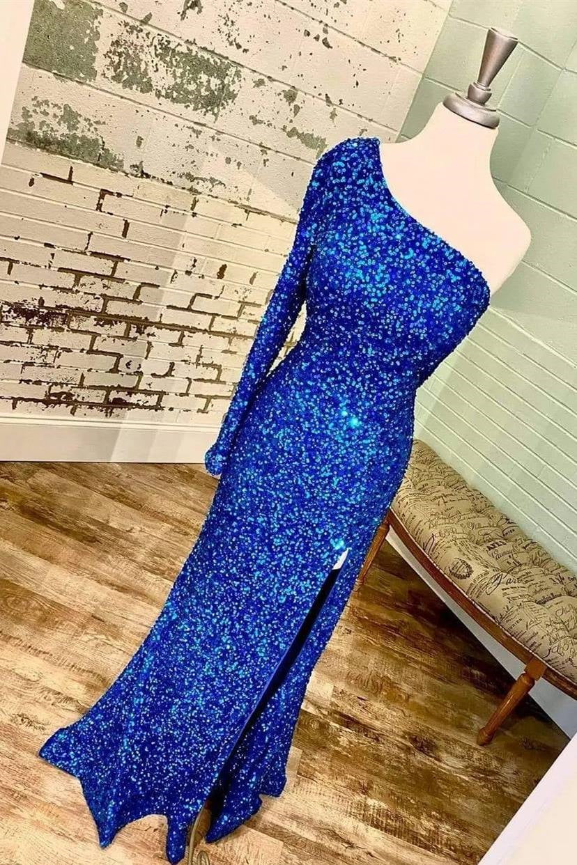 Long Sleeves One Shoulder Prom Dress with Sequins and Split