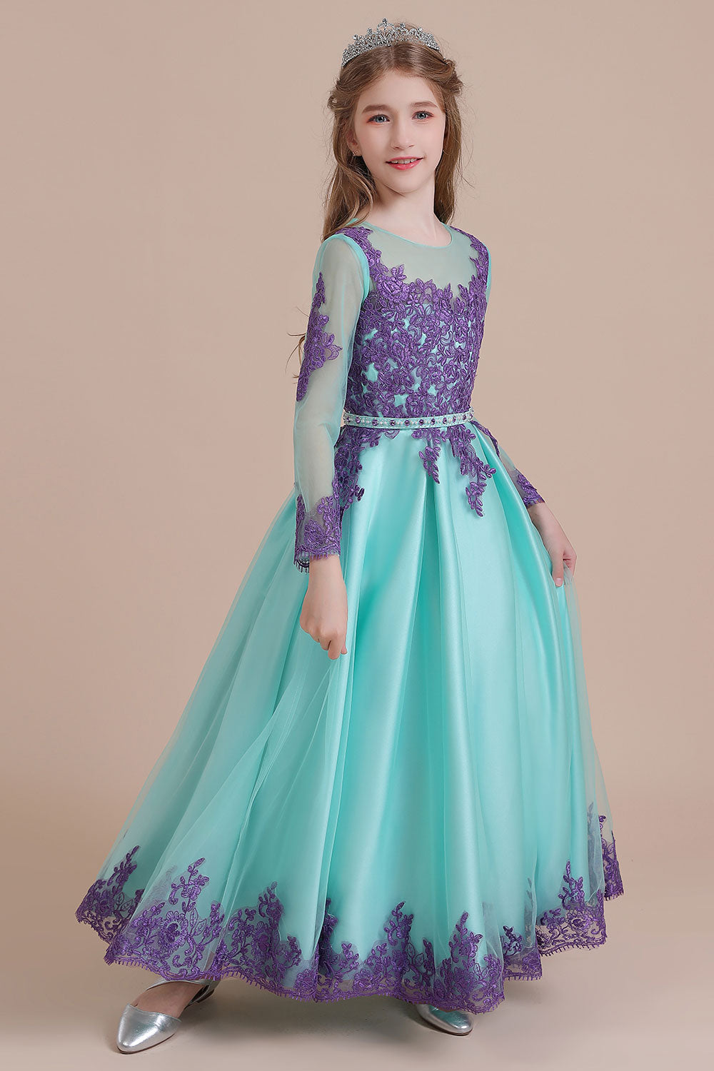 Chic Long Sleeve Jewel A-line Flower Girl Dress with Tulle Appliques