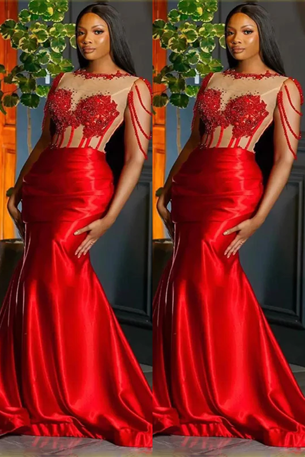 Red Mermaid Princess Prom Dress With Beaded Crew Neck Sleeveless Trumpet