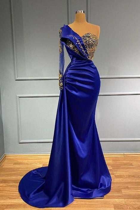 Dark Blue One Shoulder Mermaid Prom Dress With Beads