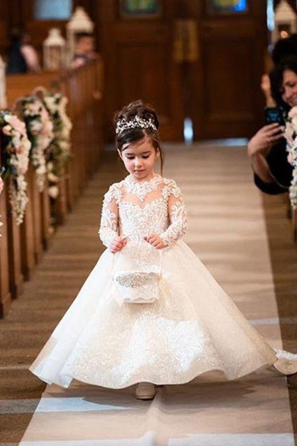 White Jewel Long Sleeve Ball Gown Flower Girl Dress with Tulle Appliques and Lace Bow