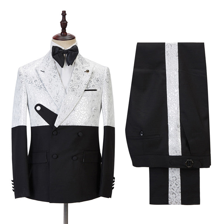 Handsome Black & White Jacquard Marriage Blazer Suit with Peaked Lapel