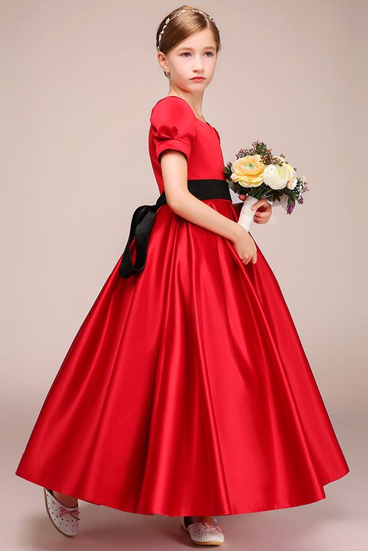 Short Sleeves Jewel Satin Flower Girl Dress with Belt