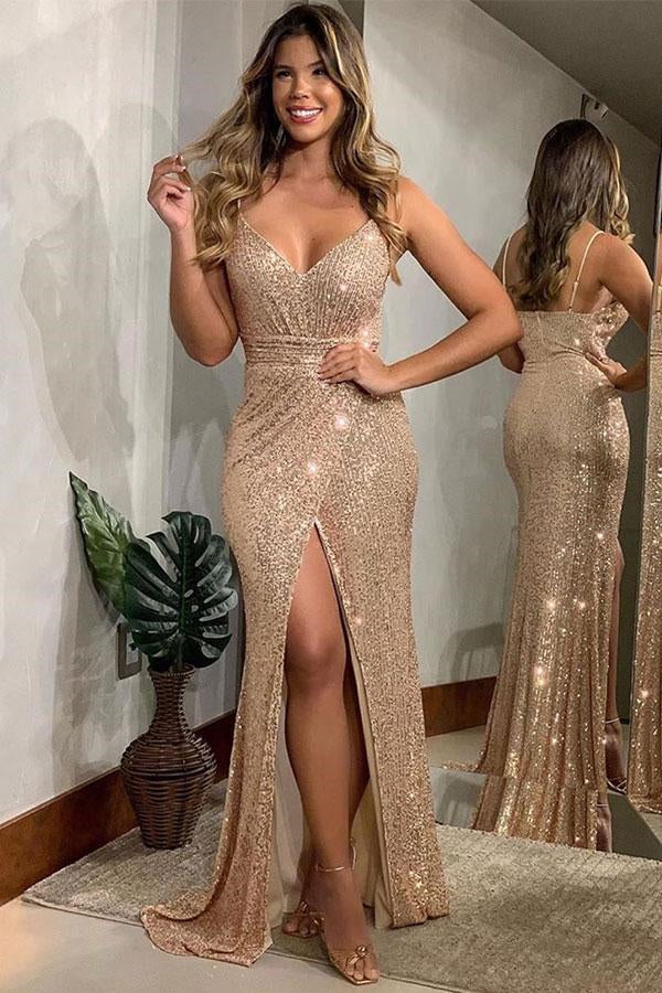 Sequins Evening Dress with Spaghetti-Straps and Slit