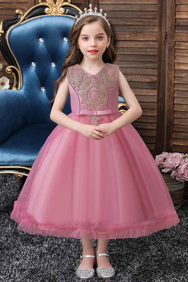 Princess Flower Girl Dress with Appliques - Sleeveless Tea Length