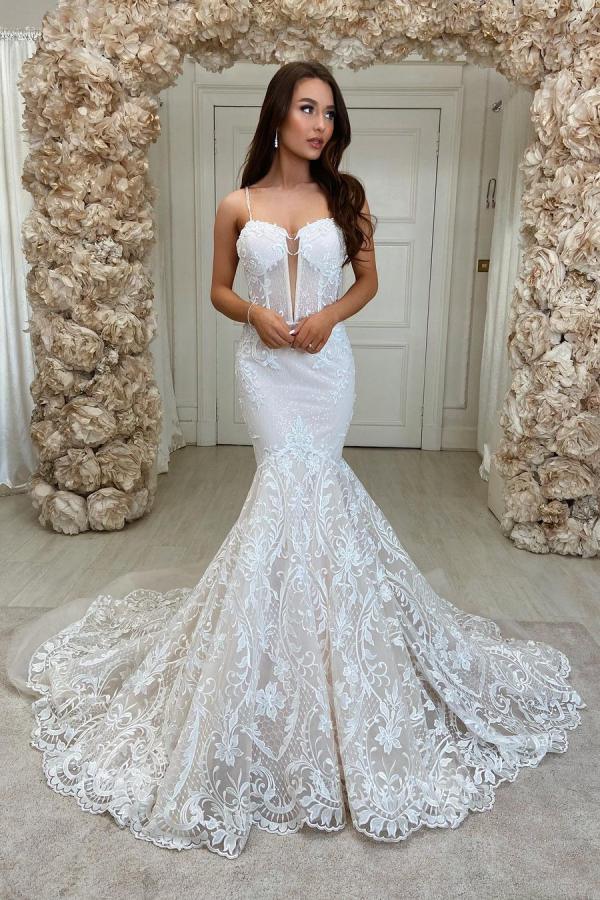 Chic Long Mermaid Sweetheart Spaghetti Straps Wedding Dress with Lace Backless