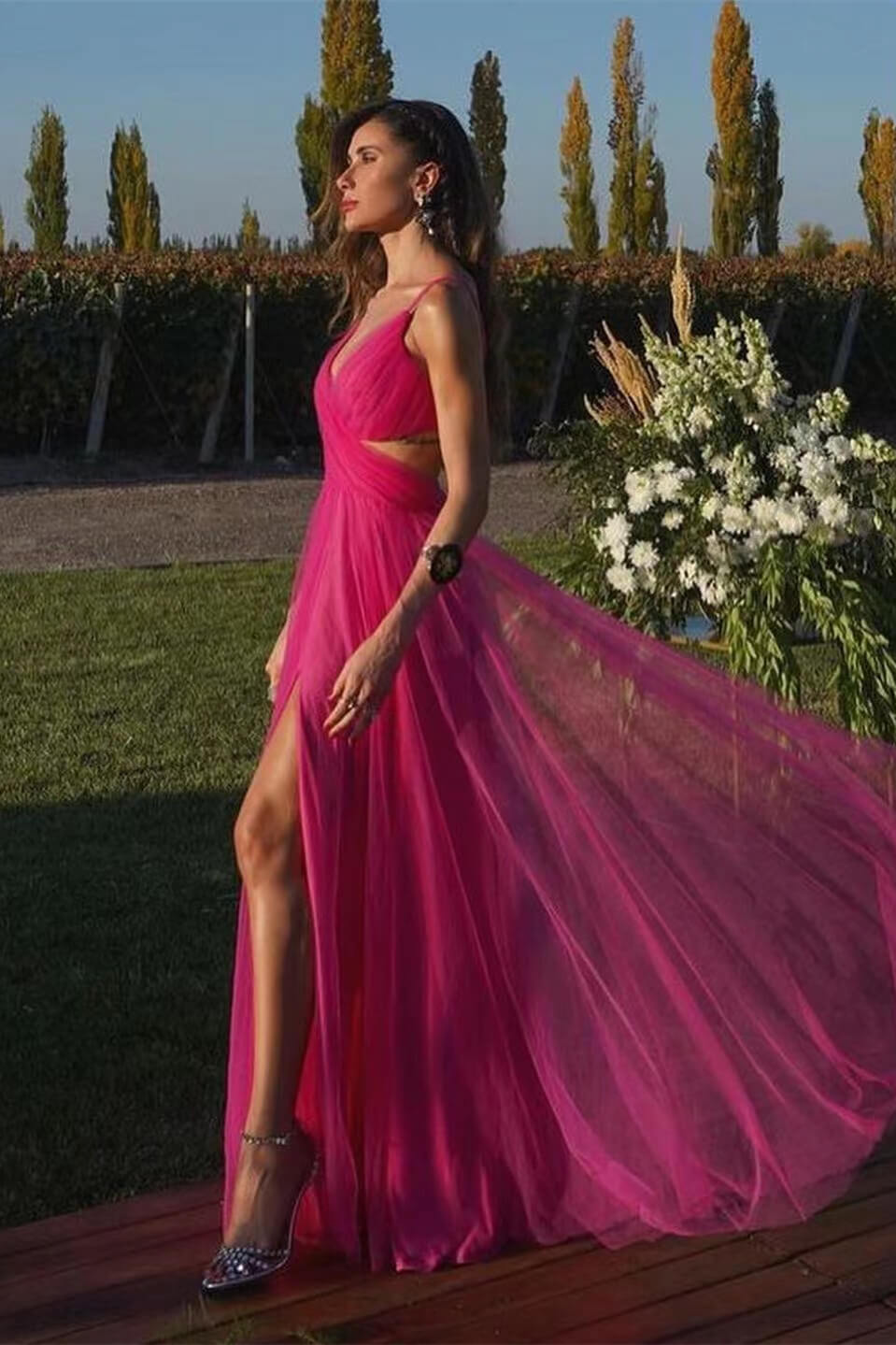 Fuchsia A-Line Tulle Prom Dress with Spaghetti Straps & Split