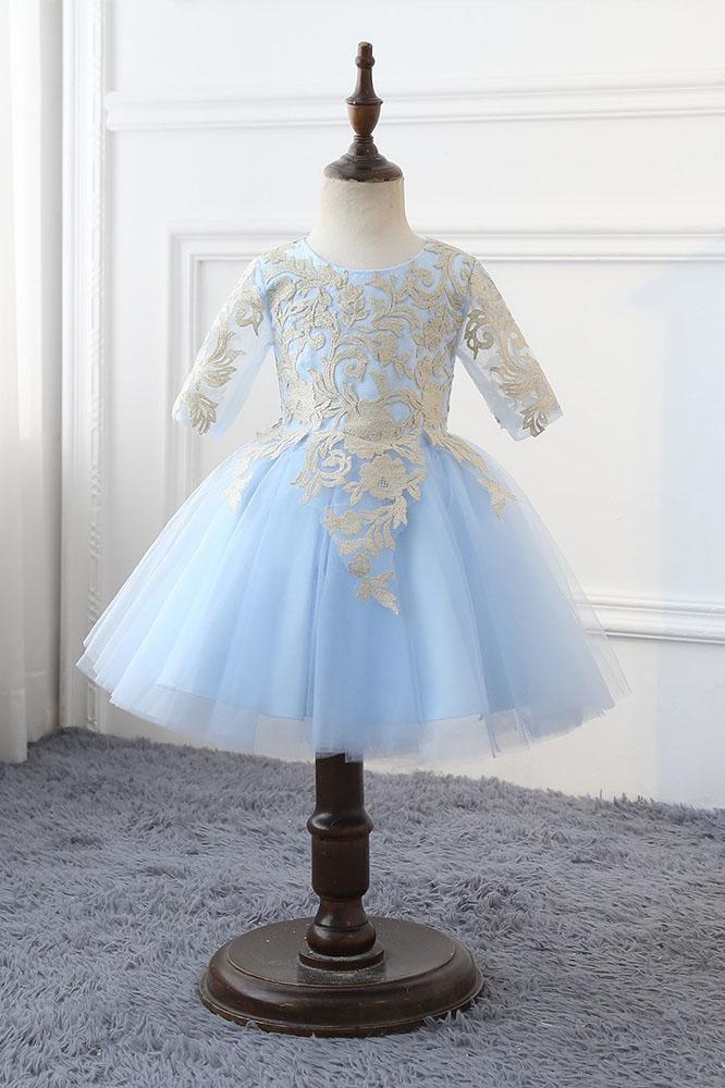 Light Blue Scoop Neck Half Sleeves Ball Gown Flower Girls Dress