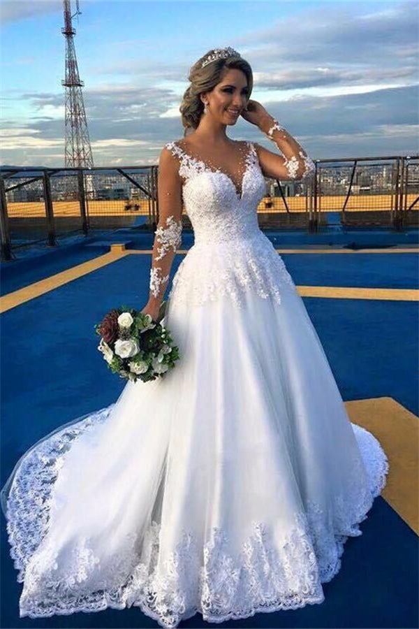 A-Line Lace V-Neck Wedding Dress with Long Sleeves
